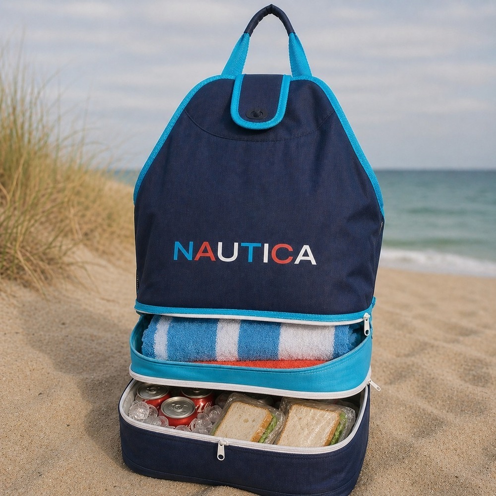 Nautica Collapsible Beach Cooler Tote Mesh Backpack Pre-loved Excellent #1102 - Picture 2 of 5
